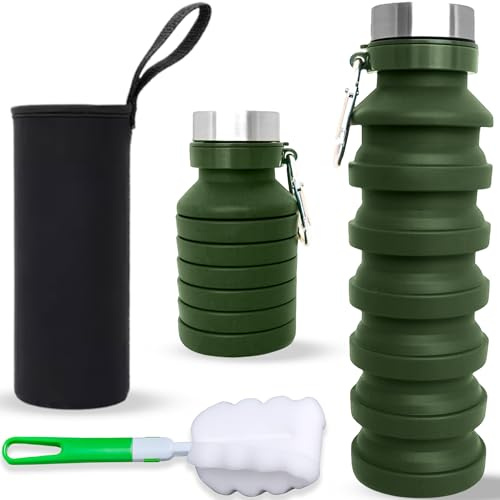DARZWAY Botella de Agua Plegable de Silicona 300–550 ml – Bolsa Térmica Neopreno y Cepillo – Cantimplora Compacta y Reutilizable – Para Senderismo, Viajes y Deporte al Aire Libre – Sin BPA. (Verde)