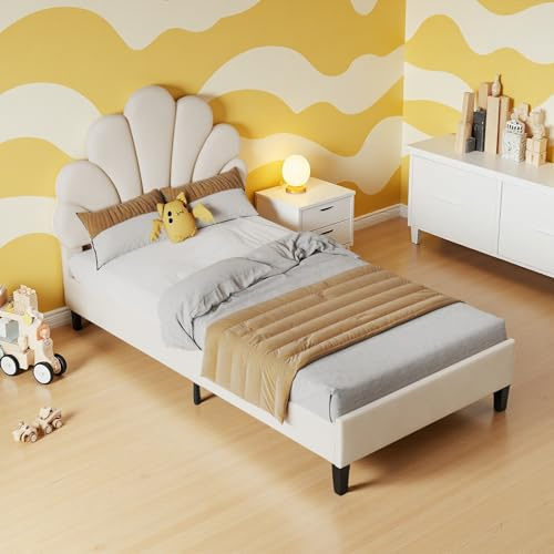 JYNVO Barnsäng 90x200 cm för flickor, stoppad säng med blommig sänggavel, flickors säng höjdjusterbar, enkelsäng i sammet med massivt träunderlag, ungdomssäng, beige, utan madrass