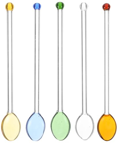 Amosfun 5Pcs Colored Glass Stirring Spoons with Long Handles Heat Resistant Reusable Mixing Teaspoons for Coffee Tea Juice Dessert at Home and Bar