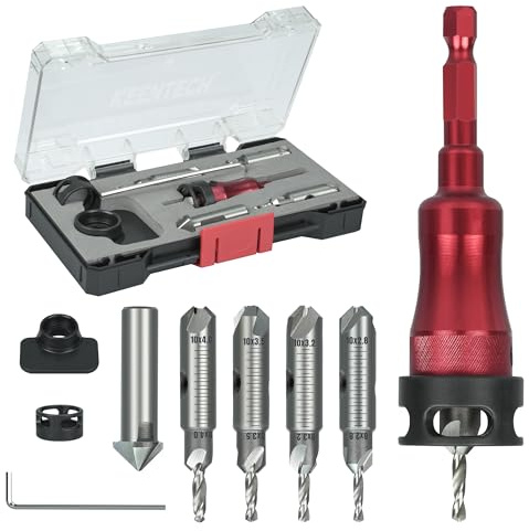 KEENTECH 10-in-1 Countersink Drill Bit Set, 2.8/3.2/3.5/4.0 mm Drill Dia x 8/10 mm Countersink Dia, M2 HSS Countersink Bits for #4-#10 Screws, Chamfer Tool Includ