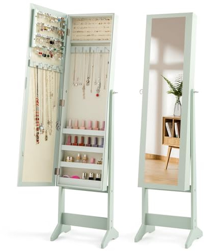 COSTWAY Specchio Portagioie da Terra, Armadietto Portagioie con Specchio a 3 Angoli, Organizer per Gioie Camera da Letto, 35 x 30 x 144 cm (Verde)