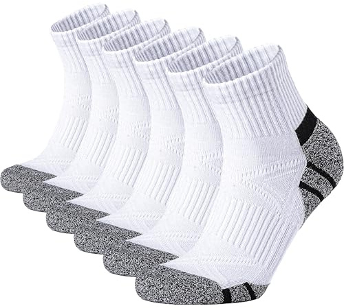 Stoeury Calcetines Cortos Hombre 6 Pares, Calcetines Hombre Tobilleros de Deporte con Algodón - Diseño Acolchado Anti-Ampollas, Soporte de Arco y Cuidado Anti-Fricción para Running y Tenis Blanco