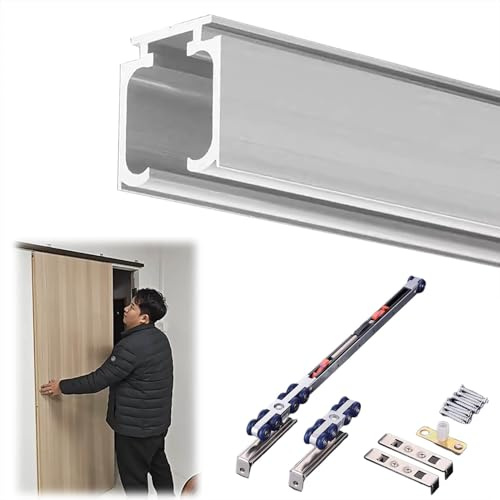 Schiebetür Schiene Soft-Close-Schiebetürsystem für Scheunentüren, Wandmontierte Schiebetürschienen und -rollen, Garagentor-Schiebetür-Schienenhalterung für Schranktüren(Silver,64in/163cm)