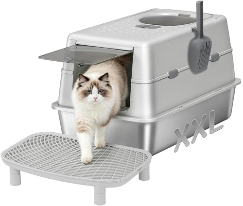 Hzuaneri Edelstahl Katzenklo XXL mit Deckel, Doppeltür, 60 × 40 × 42 cm, Geschlossenes Katzentoilette mit Schaufel Fußpedal, Leicht zu Reinigen, Auslaufsicher, Hellgrau LB89899G