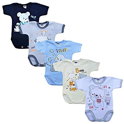 MEA BABY Unisex Baby Kurzarm-Body aus 100% Baumwolle im 5er Pack mit Aufdruck, für Mädchen und Jungen (Jungen, 92)