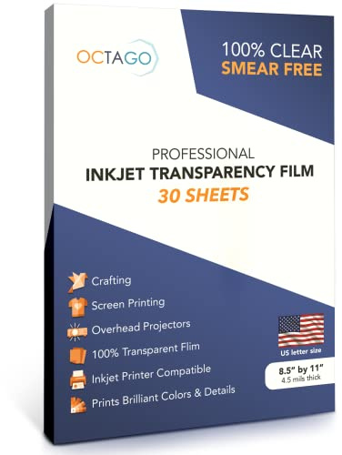 Octago Inkjet Transparency Paper (100% Clear) Transparency Sheets for Inkjet Printers, Color Inkjet Transparency Film, Acetate Sheets for Crafts, Premium Print, Clear Paper US Letter - 30 Sheets