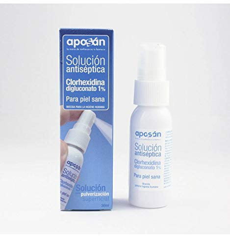 Aposan Pulverizador con Clorhexidina Digluconato 1% Solucion Antiseptica Piel Sana 30 ML, (El emabalaje puede variar)