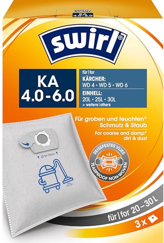 Swirl Kä 4-6 Wet and Dry Vacuum Cleaner Bags (Pack of 3, Compatible with Kärcher WD 4, WD 5, WD 6, Einhell and Others, Tear-Resistant Non-Woven Material, 3-Ply)