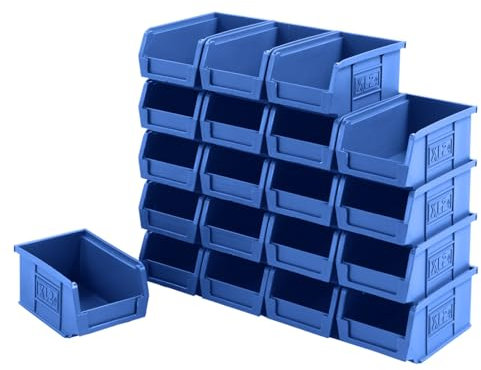 BiGDUG Plastic Parts Bins - Stackable or Wall Mounted Storage Boxes Garage Organiser - Pack of 20 - 75H x 100W x 165D mm - Blue