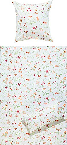 REDBEST Bettwäsche, Bettgarnitur, Kissenbezug Seersucker Blumen orange-grün-weiß Größe 80x80 cm / 155x220 cm - schnell trocknend, bügelfrei, mit Reißverschluss