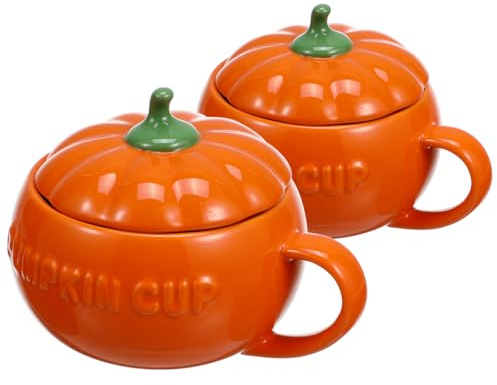 DOITOOL Keramik KüRbis Tassen Set 2Er 300Ml Mit Deckel Orange Halloween Becher FüR Kaffee Haferflocken Herbst Party Und Alltag