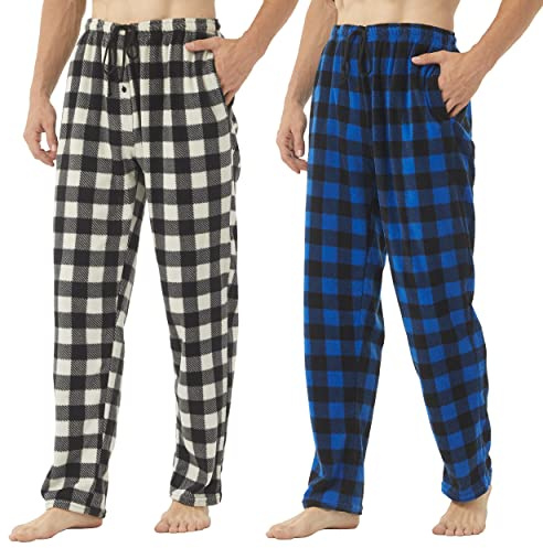 YUSHOW 2er Pack Schlafanzughose Herren Lang Fleece Karierte Pyjamahose Winter Warm Pyjama Hose Soft Freizeithose Weihnachts Pyjama mit Taschen und Kordelzug