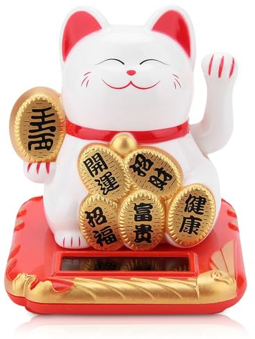 Cyrank Glückskatze, Chinesische Winken Katze Nette Begrüßungskatze Solar Winkend Beweglicher Arm Gold Reichtum Fortune Feng Shui Dekoration(Weiß)