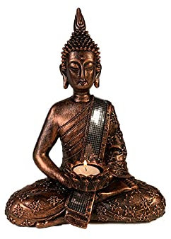 YUNHOME Schmücken Feng Shui Buddha Figur Buddha Deko Buddha Statue Antike Kupfer-Harz-Buddha-Statue Kerzenhalter Zu Hause Spa-Schönheitssalon Bastelt Dekorative Ornamente Aus Harz,Bronzeband Silber