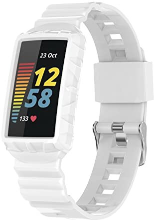 FONREST Compatible with Fitbit Charge 5/4/3 TPU Case and Band, Ultralight Washable Shockproof Sleek Armour Protective Cover with Watch Strap for Charge 3SE/4SE (White)