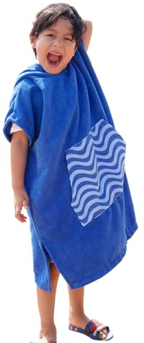 DiaryLook Kids Swimming Changing Robe with Hood, Beach Poncho Towel with Pockets Boys & Girls Quick Dry, Bath Robe Surfing Watersport Blue Stripes 6-9 Years