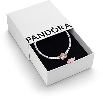 PANDORA Moments Women's 14k Rose Gold-Plated and Sterling Silver Pavé Heart Clasp Cubic Zirconia Snake Chain Bracelet for Charms, Size 19, With Gift Box