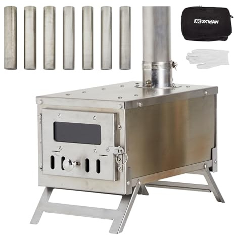 XCMAN Camping-Holzofen | Rucksackkocher | Kleiner Zeltofen Tragbarer winziger für Zelte, Eisangeln und Präzisions-Edelstahlkonstruktion, inklusive Schornsteinrohr