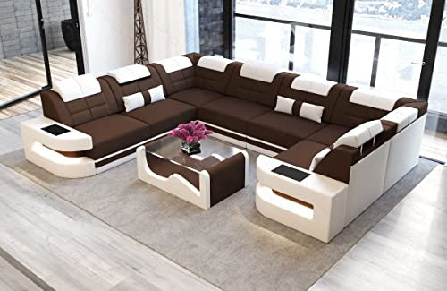 Sofa Wohnlandschaft Como - mit LED Beleuchtung, verstellbare Kopfstützen, Mikrofaser/Ausrichtung wählbar (Lange Seite Links, Weiss-Dunkelbraun)