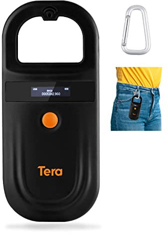 Tera Pet Microchip Reader Mit D-Buckle, RFID Tragbarer Tierchip ID Scanner Mit OLED Display, Wiederaufladbarer Pet Tag für Hund Katze Schwein, ISO 11784/11785, FDX-B, EMID, Schwarz