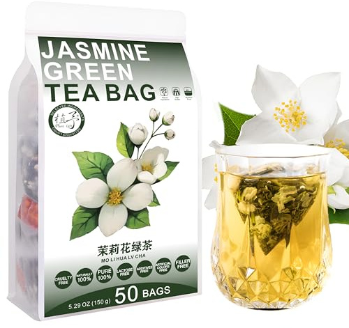 Plant Gift Jasmine Green Tea Bag 5.29oz (3g*50bags) Green Tea, Jasmine Flower, Chinese Pure Natural, Health Care Mixed Tea, Combination of Floral Tea 150g 茉莉花绿茶