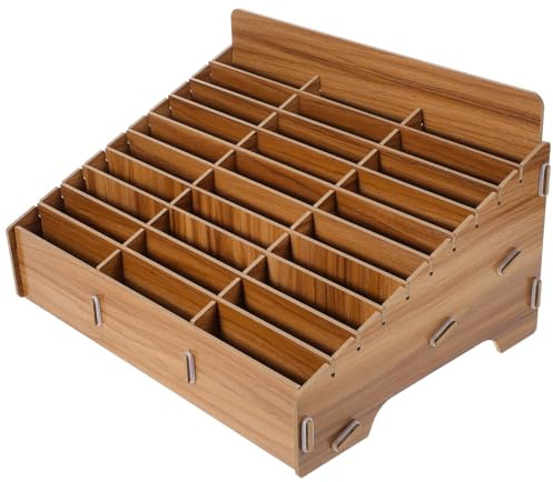 Amosfun Wooden Mobile Phone Storage Box 30 Compartments Brown Desktop | Wooden desktop organizer with 30 compartments for phones and gadgets, brown finish, compact 32.5 x 23.5 x 18.5cm