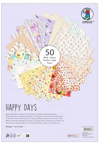 Ursus 7810004 - Fotokarton, Happy Days, 50 Blätter, ca. 23 x 33 cm, 300 g/m², beidseitig bedruckt mit 25 blumigen Motiven, aus Frischzellulose, zum vielseitigen Basteln