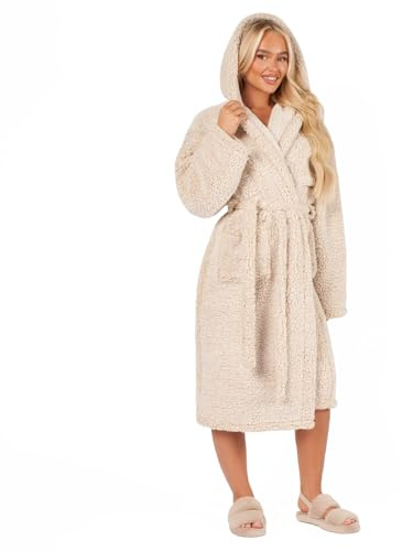 Brentfords Dressing Gown Womens Teddy Marl, Mothers Day Gifts Bathrobe with Hood & Pockets Soft Warm Comfy Luxury Oversized Ladies Dressing Gowns, Beige One Size