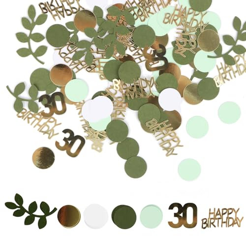 RUNEAY Konfetti 30 Geburtstag 400 Stück, HAPPY BIRTHDAY Streudeko für 30. Geburtstag, Grüne Blätter und Kreise mit Glitzer und HAPPY BIRTHDAY Schriftzug