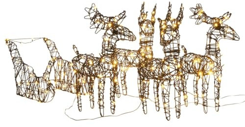 vidaXL LED Rentiere mit Schlitten 160 LEDs, Wasserdicht Weihnachtsfigur 8 Modi, Weihnachtsdeko Weihnachtsbeleuchtung für Innen Außen, Warmweiß Rattan