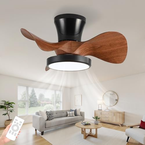Nero Lampadario Con Ventilatore Da Soffitto Piccoli Cameretta Memoria Dimmerabile Ventola Soffitto Con Luce E Telecomando Reversibile Silenzioso DC Plafoniera Ventilatore Timer Lounge-Black Walnut