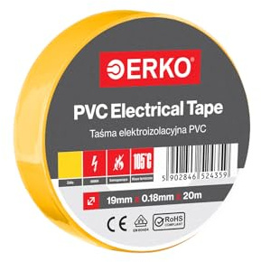ERKO Cinta Aislante PVC 19mm x 20m, Amarillo | Resistente al agua, autoadhesivo y flexible, ideal para electricistas, reparación de cables y bricolaje