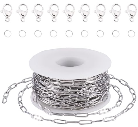 Craftdady 10 Meter Edelstahl Büroklammerkette 12x4mm Schmuckherstellungs-Set mit Verschluss, Biegeringe, ovale Gliederkette für DIY Halskette Armband Herstellung