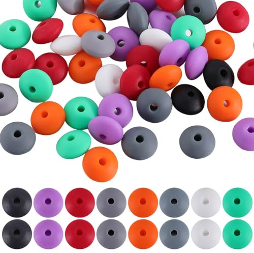 SUNNYCLUE 1 boîte de 96 perles de Boulier en Silicone de 12 mm pour Halloween, Perles Rondes Plates en Silicone en Forme de Lentille Mignonnes en Caoutchouc Souple, Perles D'Espacement en Vrac pour Po