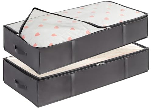 Lifewit 2 Pack 95L Under Bed Storage, Underbed Storage Boxes with lid Clothes Storage Bag Wardrobe Storage Organiser with Reinforced Handle, PVC Window for Duvet, Blanket, Clothing, Shoes, Grey