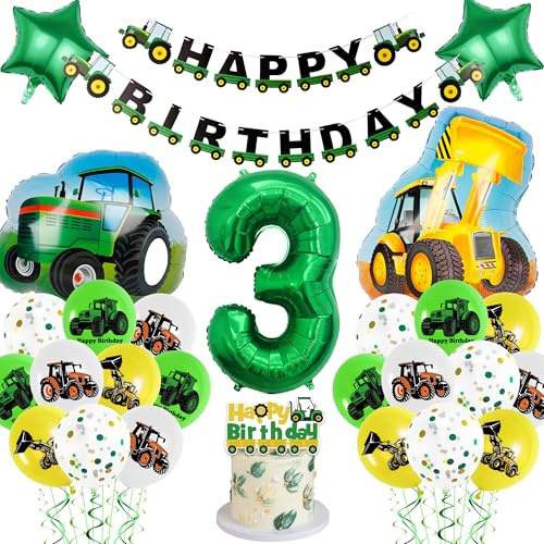 Tractor 3rd Birthday Decorations Boy - Construction Vehicle Themed Party Supplies Includes Latex Stars Number 3 Tractor Digger Balloons Happy Birthday Banner Cake Topper for 3 Year Old Boys