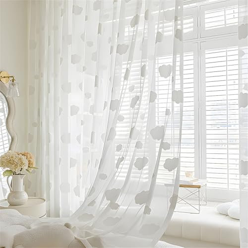 Odot Cortinas de Translucidas Salon, Jacquard Nubes Blanco Cortinas de Visillo para Ventanas Cortina Ventana con Bolsillo para Barra, 2 Piezas Cortina Moderna para Dormitorio Comedor (132x160cm)