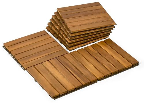 Upolana 9 PCS Interlocking Deck Tiles 12 x 12, Outdoor Flooring Acacia Wood Patio Tiles, Waterproof Patio Flooring Decking for Balcony Backyard, Indoor and Outdoor Use - S37102