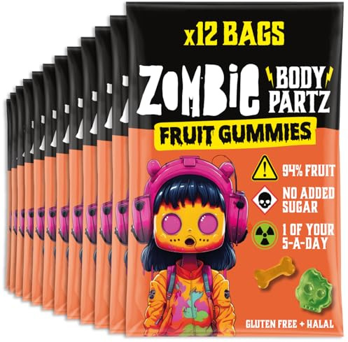 Zombie Real Fruit Sweets, Fruit Gummies (12 Bags), 94% Fruit, No Added Sugar, Vegan, Healthy Snacks for Adults, Kids, Low Calorie, Gluten Free, Halal, Bulk, Jelly, Tub, Vegetarian, Party Bags, Gummy | Kids and Adults Lunchbox Snacks, No Added Sugar, Vegan, Gluten Free, Nut Free, Halal, Kosher, 1 of Your 5-a-Day, Sweets