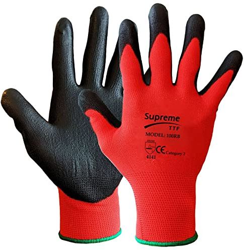 Supreme TTF 24 Pairs PU Coated Red Black Nylon Work Gloves. Gardening Gloves, Builders Gloves, Mechanic Gloves, Strong Grip Gloves, (Small)