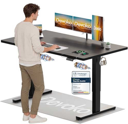 Devoko Höhenverstellbarer Schreibtisch mit 2 Motoren，25mm Einteilige Tischplatte, 160x80 cm Elektrisch Computertisch mit Kabel Management, Schwarz - Perfekte Ergonomie für Dein Büro
