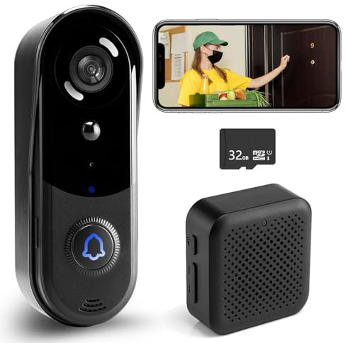 RAKEBLUE Wireless Doorbell Camera, No Monthly Fee,1080P Video Doorbell with 32GB SD/Cloud Storage,Alert, Night Vision, Motion Detection,Indoor Chime,Two Way Audio,Battery Power,Only 2.4G WIFI