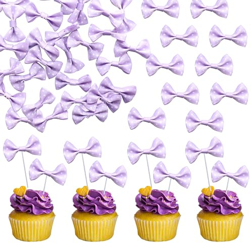 Gyufise 24Pcs Bow Dots Mouse Cupcake Toppers Baby Shower Bowknot Cupcake Toppers Birthday Party Bow Dots Cupcake Toppers Cake Decorations Supplies Purple