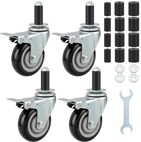 Finnhomy 4 Inch Prep Table Cater Wheels Set of 4 Heavy Duty Expanding Stem Casters Fit 7/8, 1, 1-1/2 and 1-5/8 Tube Leg with Brake for Stainless Steel Furniture Legs, Worktable, Kitchen Workbench