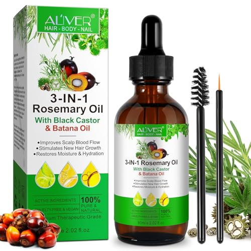 Olio di Rosmarino con Batana e Ricino per Capelli, 60ML 3 IN 1 Olio Per Capelli Stimola la Crescita e Previene la Caduta Olio Rinforzante Nutre il Cuoio Capelluto Secco Infoltisce Ciglia e Sopraccigli