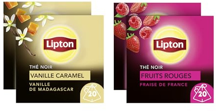 Lipton, Thé Noir, Pack de 4 Boites de thé, x2 Fraise de France + x2 Vanille de Madagascar, 2x40 sachets, 80 Sachets