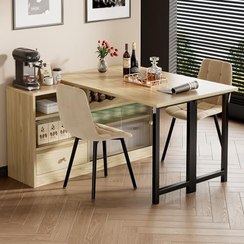 Merax Ausziehbarer Bartisch mit Stauraum, Bartheke mit klappbarem Esstisch, Beistelltisch Stehtisch Bistrotisch Küchentheke Küchenbartisch, eiche/120-200 x 80 x 75 cm