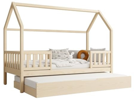 Profiwood Kinderbett mit Bettkasten 120x200 cm aus Massivholz, skandinavischer Landhausstil, Natur, mit Rausfallschutz und Schublade