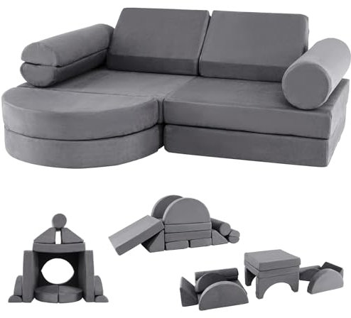 DREAMADE 7 in 1 Spielsofa, modulares Kindersofa aus 14 Schaumstoff Bausteine, Kindercouch mit Wildlederbezug, Kinderspielsofa Kindermöbel für Spielzimmer, Kinderzimmer & Schlafzimmer (Grau)