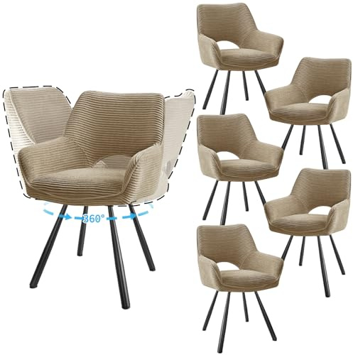 JIJIAN 6er Set Esszimmerstuhl Drehbar mit Armlehne, Drehbar 360°, Küchenstuhl, Moderner Polsterstuhl mit Stoffrückenlehne für Küche, Esszimmer, Schlafzimmer, Braun